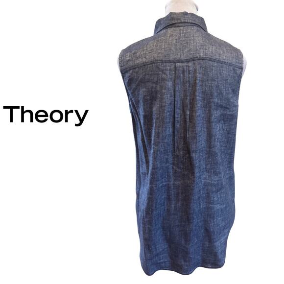 THEORY Yarine Linen Blend Dark Blue Chambray Button Up Sleeveless Small S P EUC - Picture 5 of 8